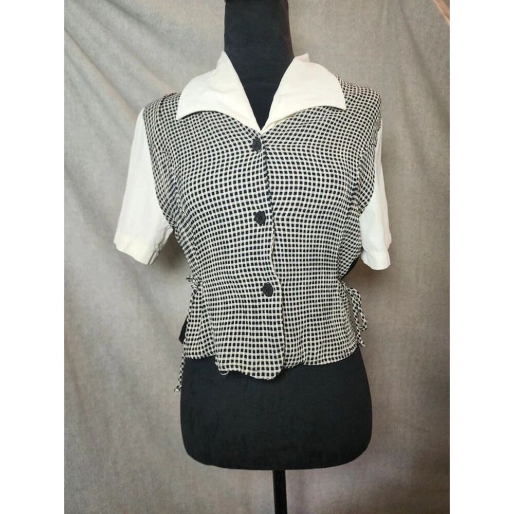 Vintage 90's Sz PS Whimsigoth Academic Black White Checkered Vest Style Blouse